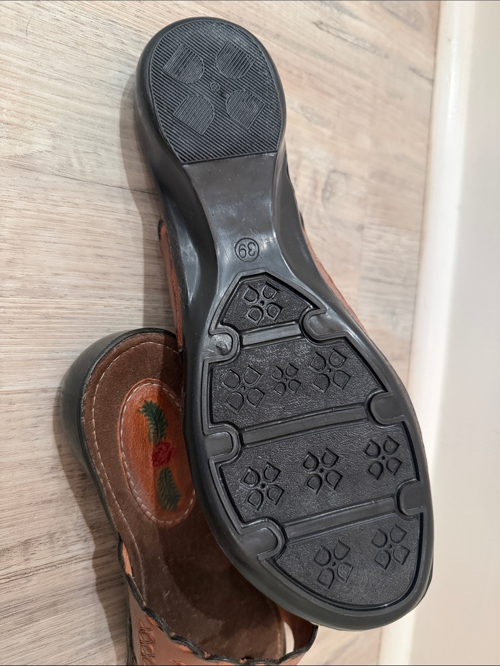 Brown Leather Floral Slide Sandals with Red Rose Detail - Picture 12 of 12